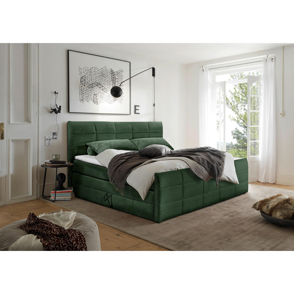 BOXSPRING BED 180 cm x 200 cm, textiel, houtmateriaal olijfgroen