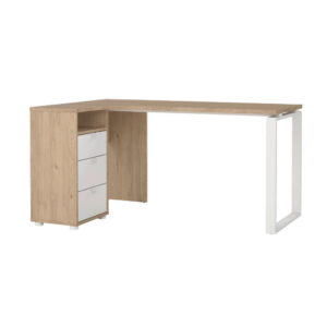 HOEKBUREAU, houten materiaal, wit, eikenkleur