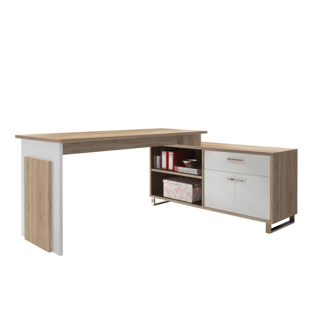 HOEKBUREAU, houtmateriaal wit, sonoma eiken