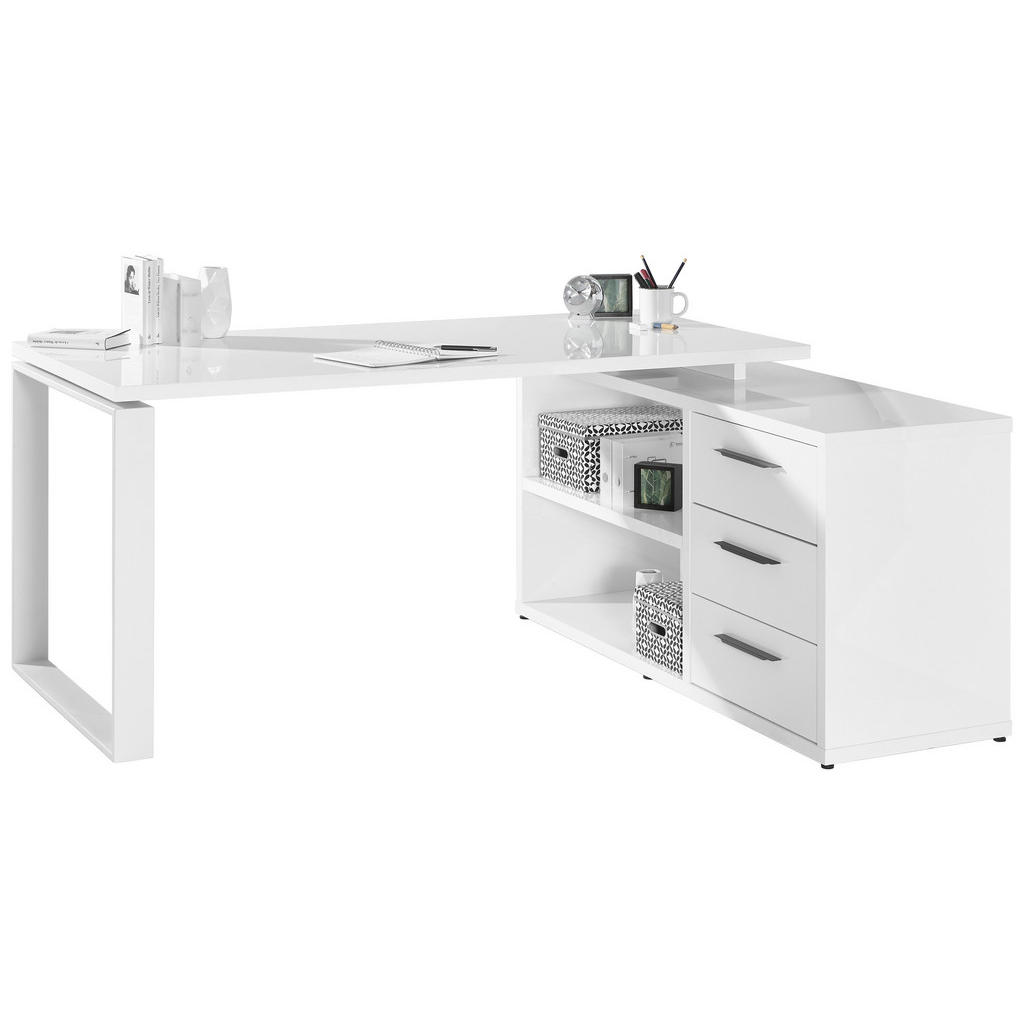 HOEKBUREAU, houtmateriaal, wit, hoogglans
