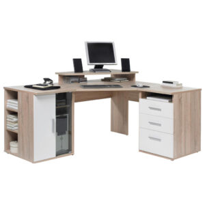HOEKBUREAU, houten materiaal, wit, eikenkleur
