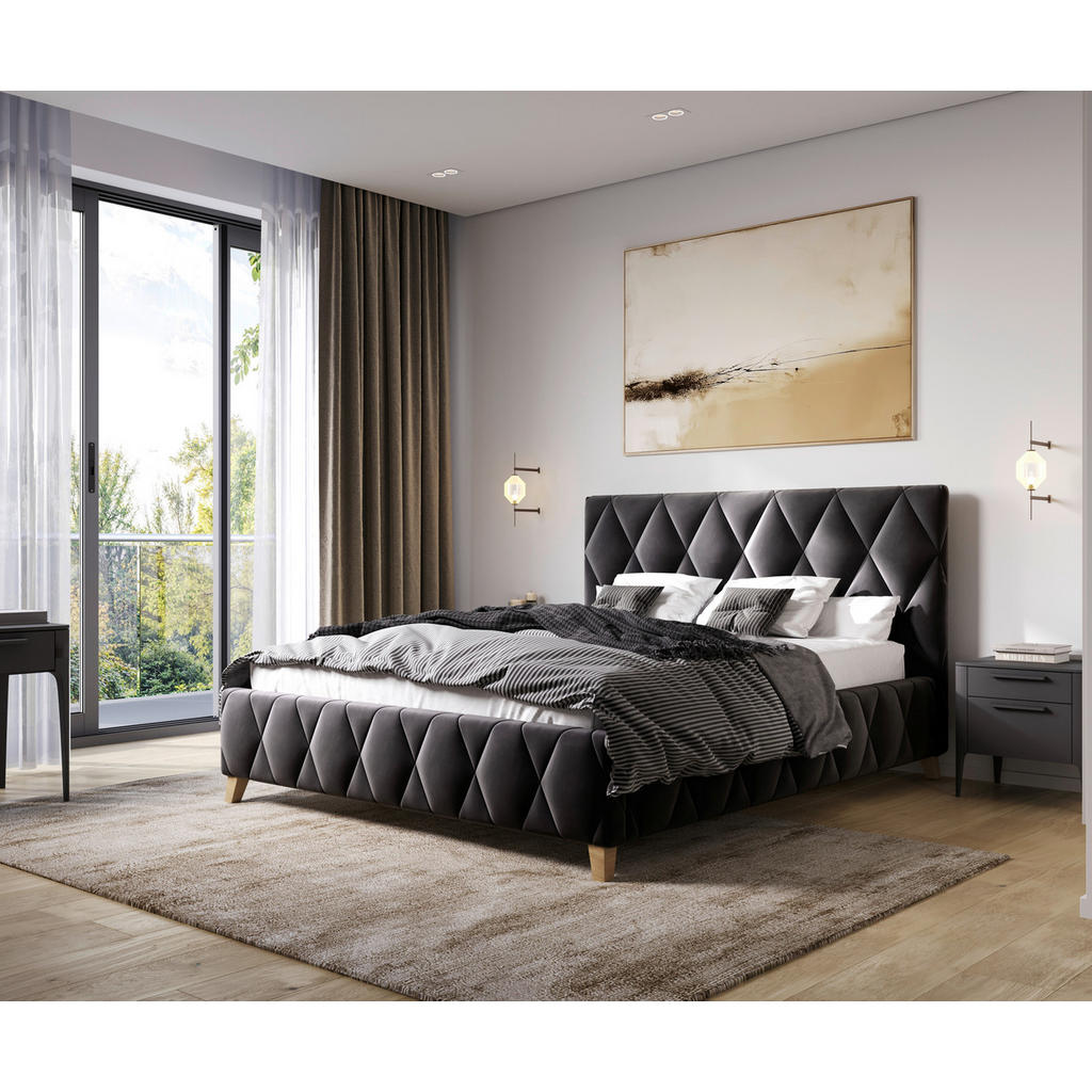 GESTOFFEERD BED 120 cm x 200 cm, hout, metaal, textiel, houtmateriaal antraciet