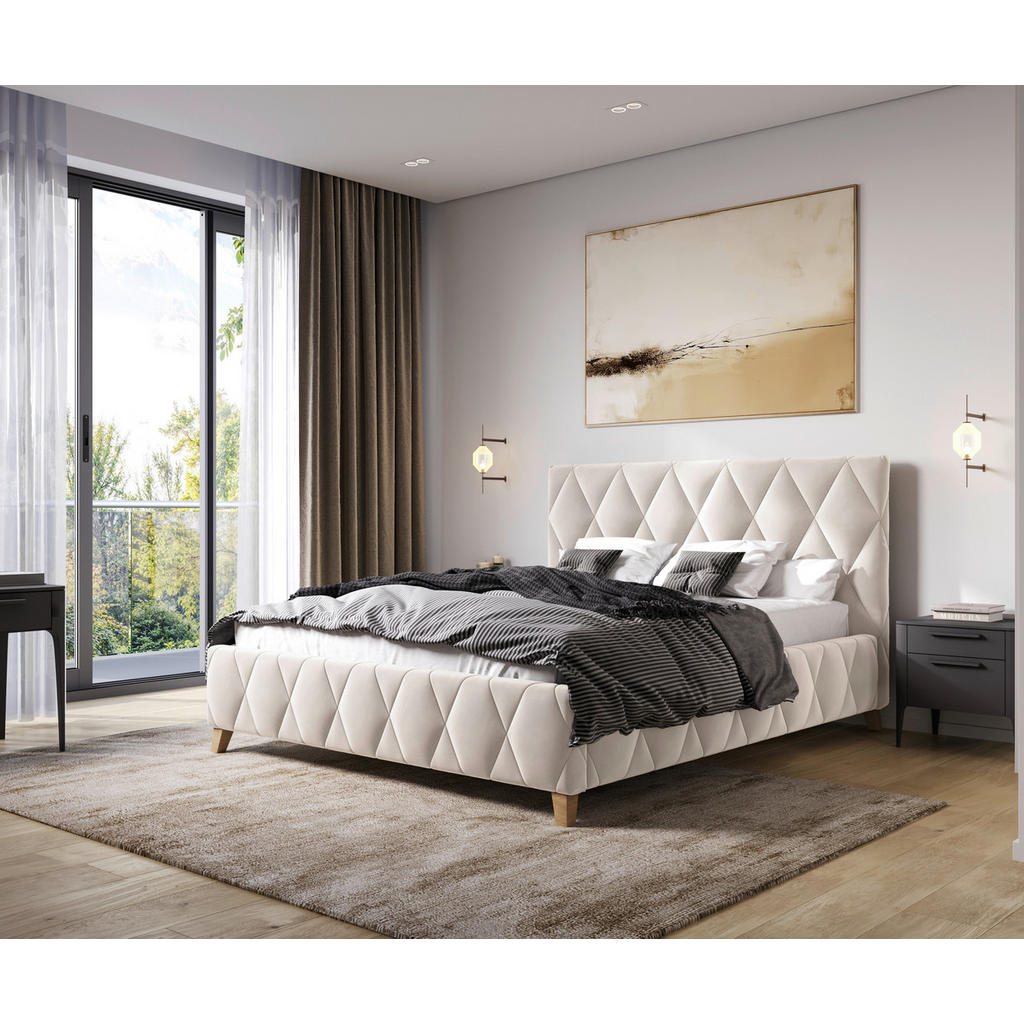 GESTOFFEERD BED 120 cm x 200 cm, hout, metaal, textiel, houtmateriaal cappuccino kleur