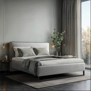 GESTOFFEERD BED 180 cm x 200 cm, hout, textiel, houten materiaal wit