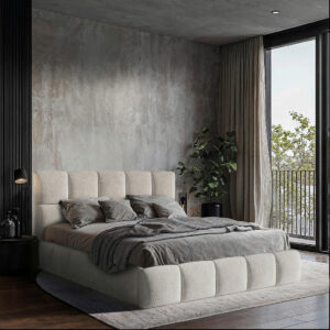 GESTOFFEERD BED 160 cm x 200 cm, hout, textiel, houten materiaal wit
