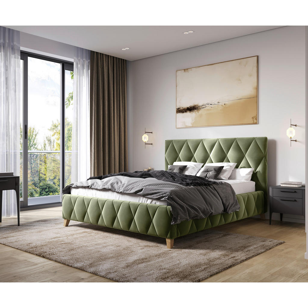 GESTOFFEERD BED 120 cm x 200 cm, hout, metaal, textiel, houtmateriaal olijfgroen