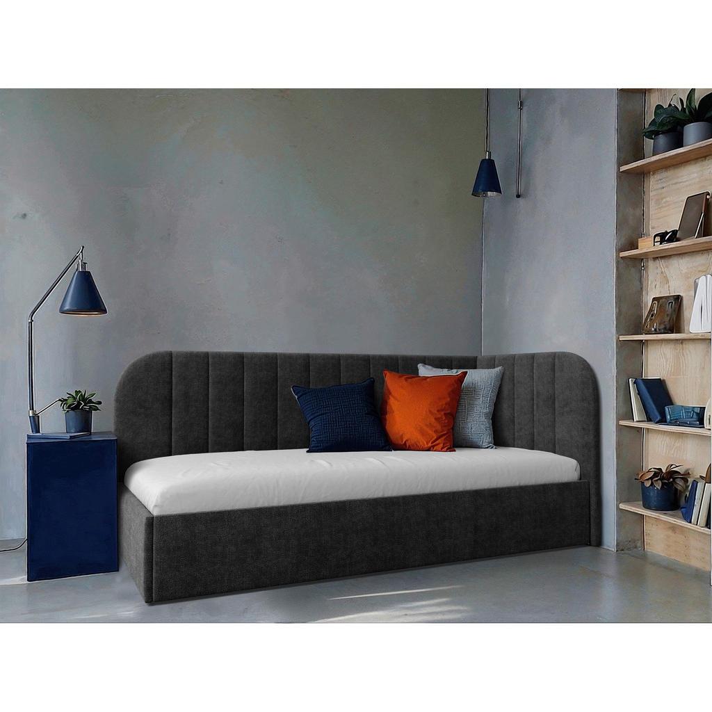 GESTOFFEERD BED 90 cm x 200 cm, hout, textiel, houtmateriaal donkergrijs