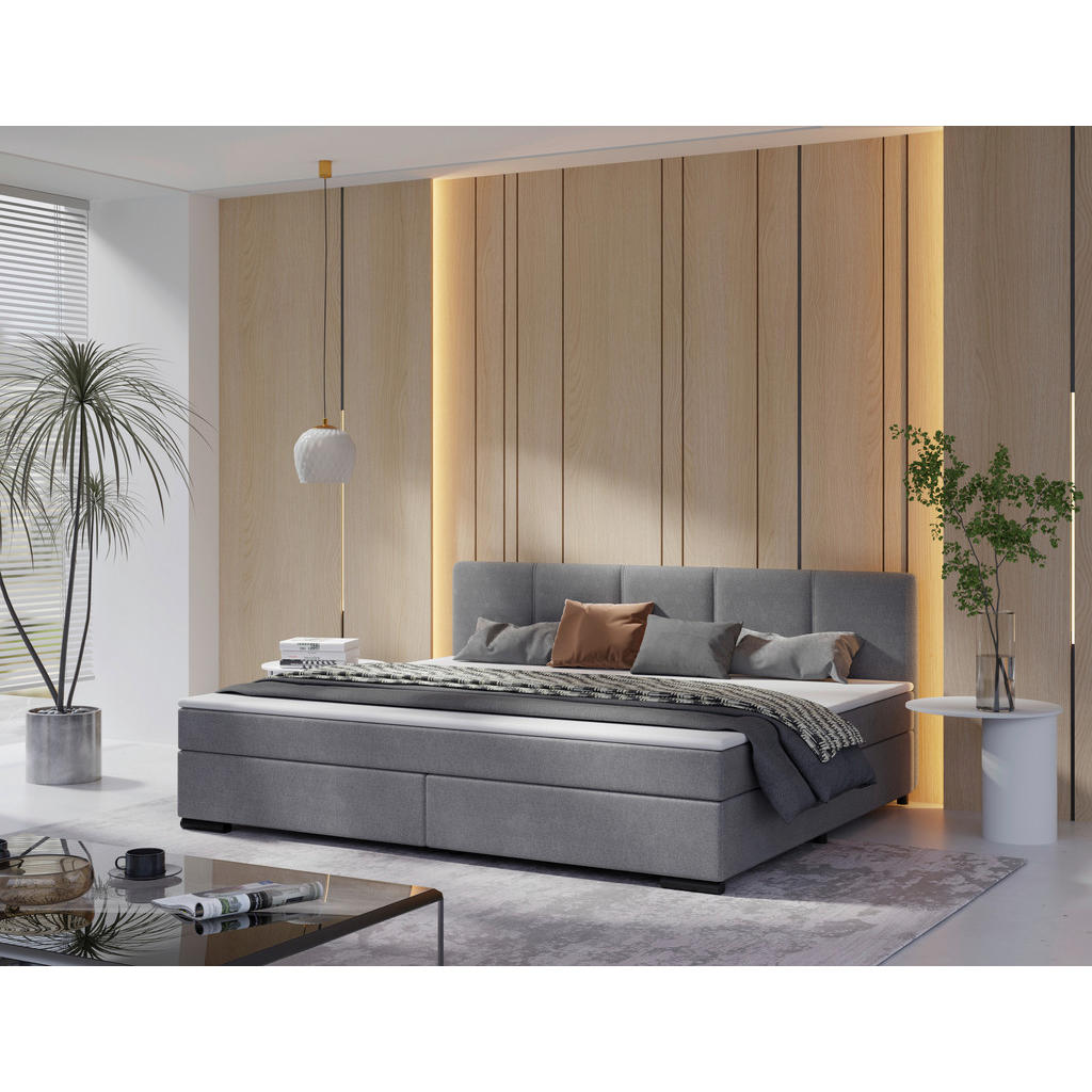 BOXSPRINGBED 240 cm x 200 cm, hout, textiel, lichtgrijs karton