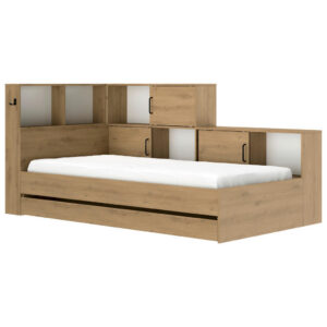 BED MET LADE 90 cm x 200 cm, wit, ambachtelijk eiken