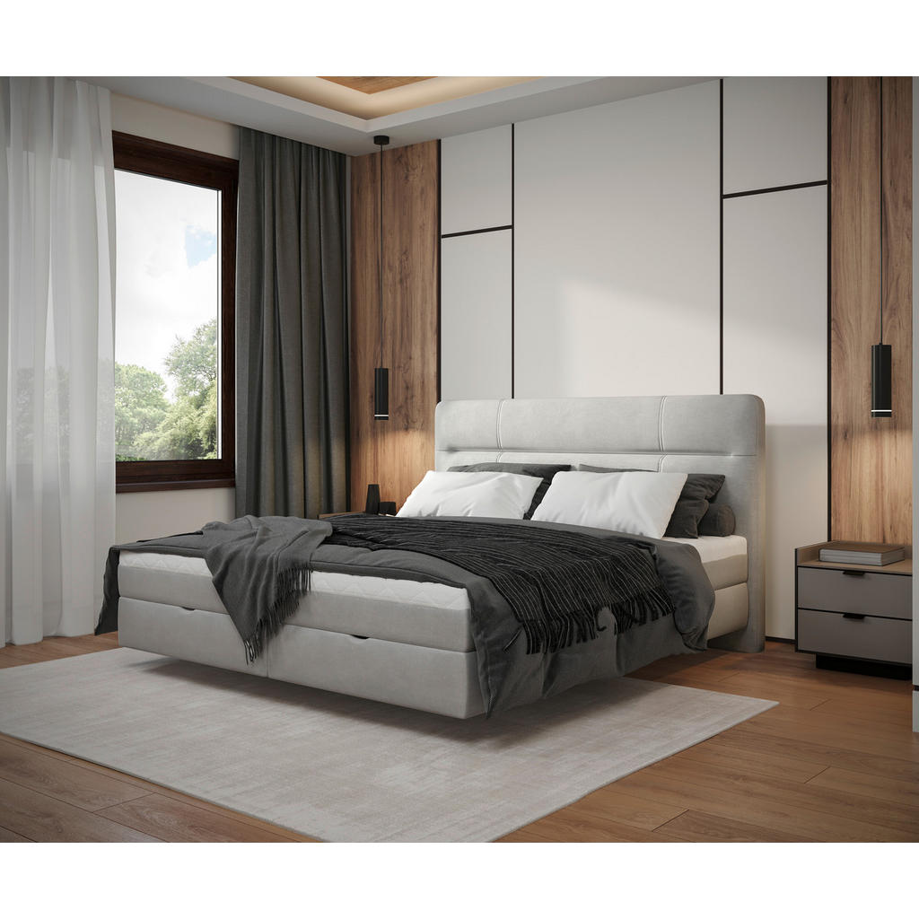 BED MET MATRAS 140 cm x 200 cm, hout, textiel, houtmateriaal lichtgrijs