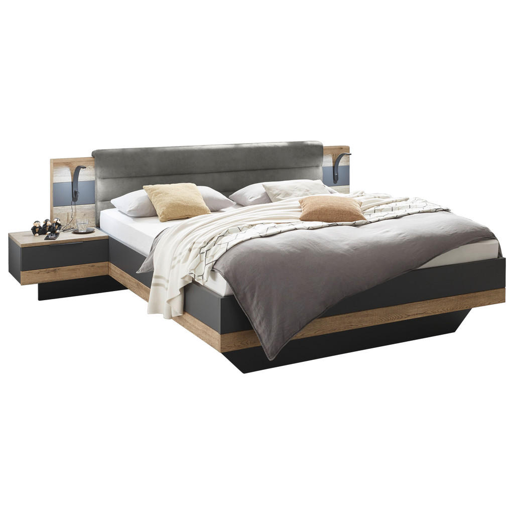 BEDDENSET 180 cm x 200 cm, textiel, houtmateriaal grafietkleur, eikenkleur