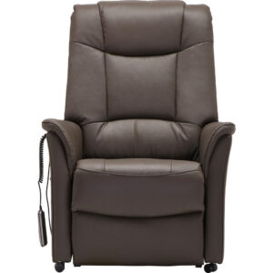 TV-ARMSTOEL, bruin hout, metaal, textiel, leer