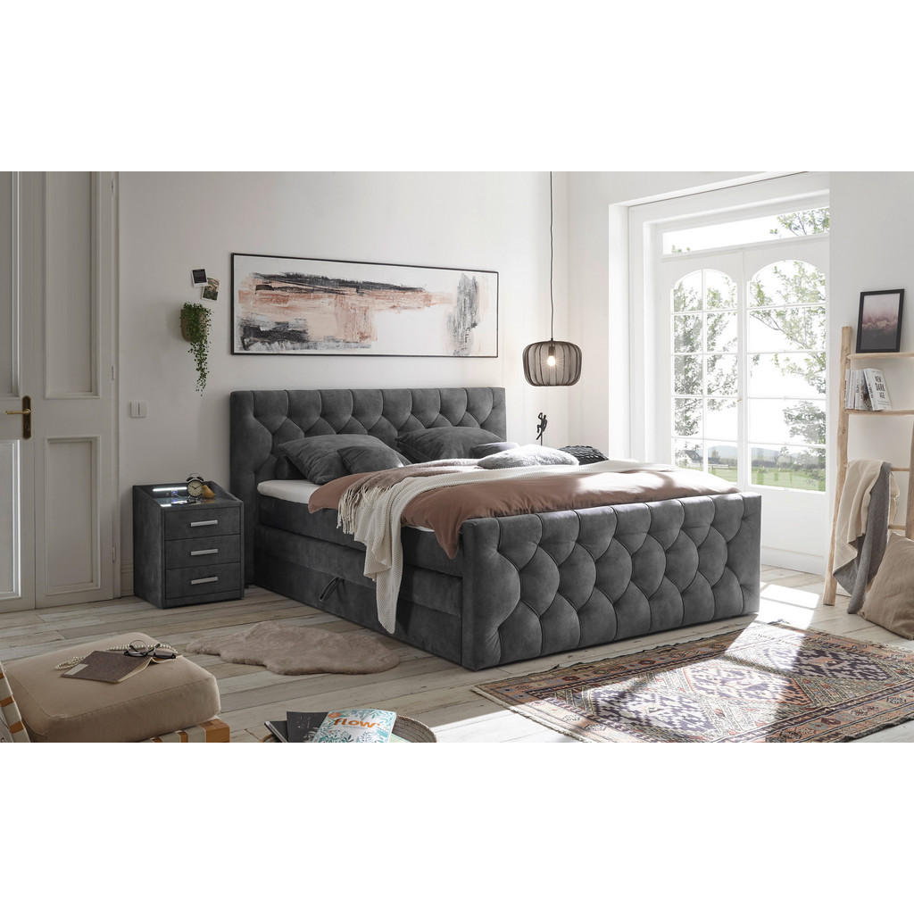 BOXSPRINGBED 180 cm x 200 cm, textiel, houtmateriaal antraciet