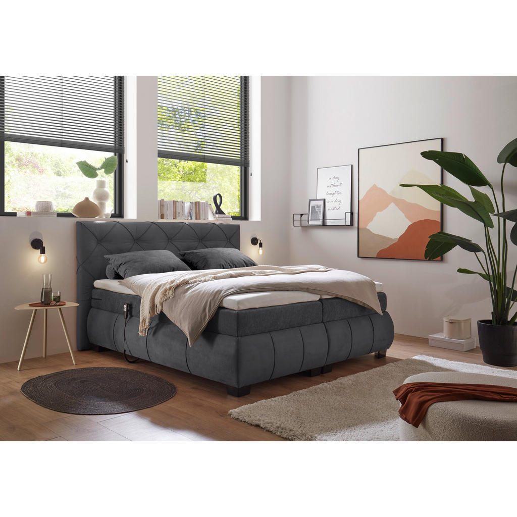 BOXSPRINGBED 180 cm x 200 cm, textiel, houtmateriaal antraciet
