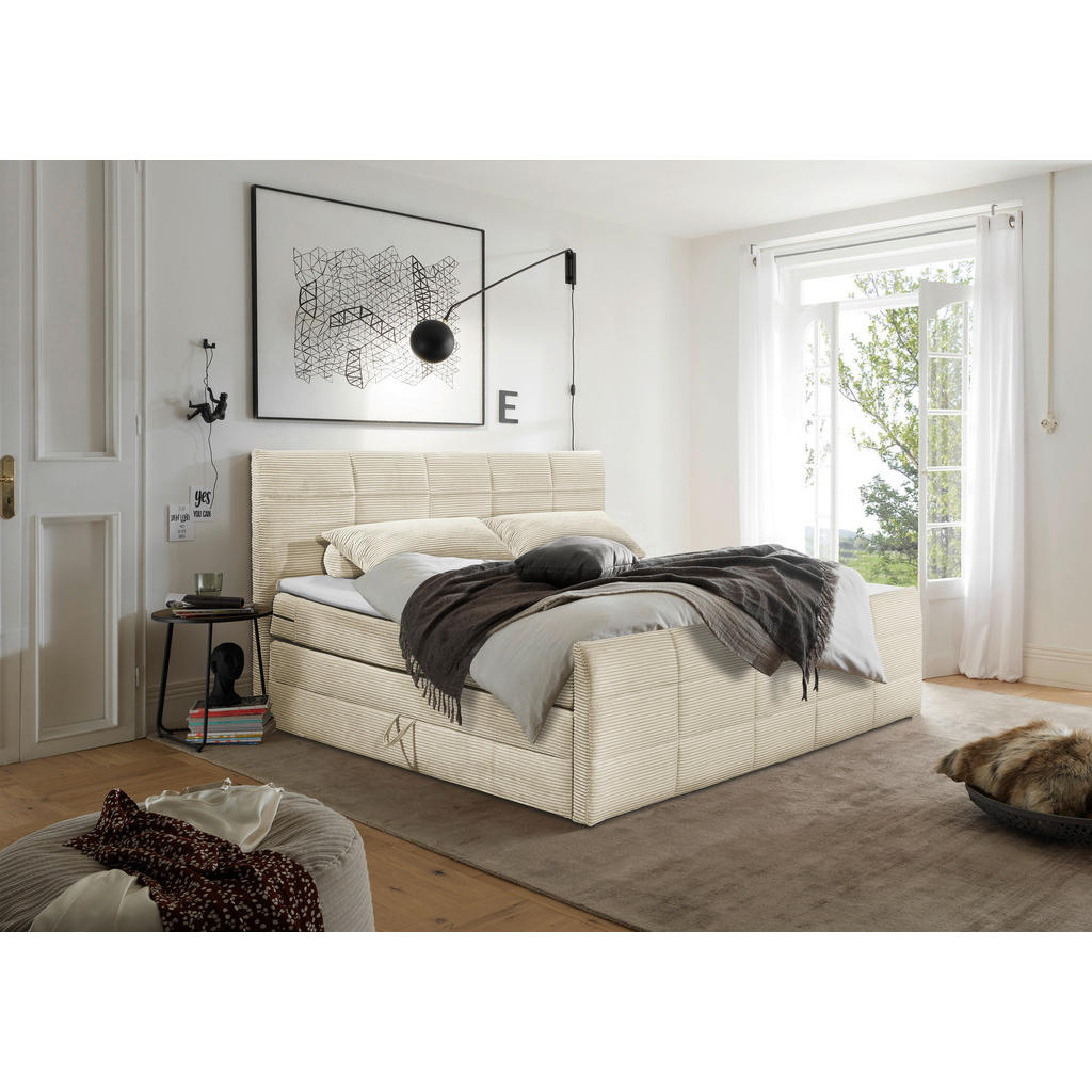 BOXSPRINGBED 180 cm x 200 cm, textiel, houtmateriaal, crèmekleur