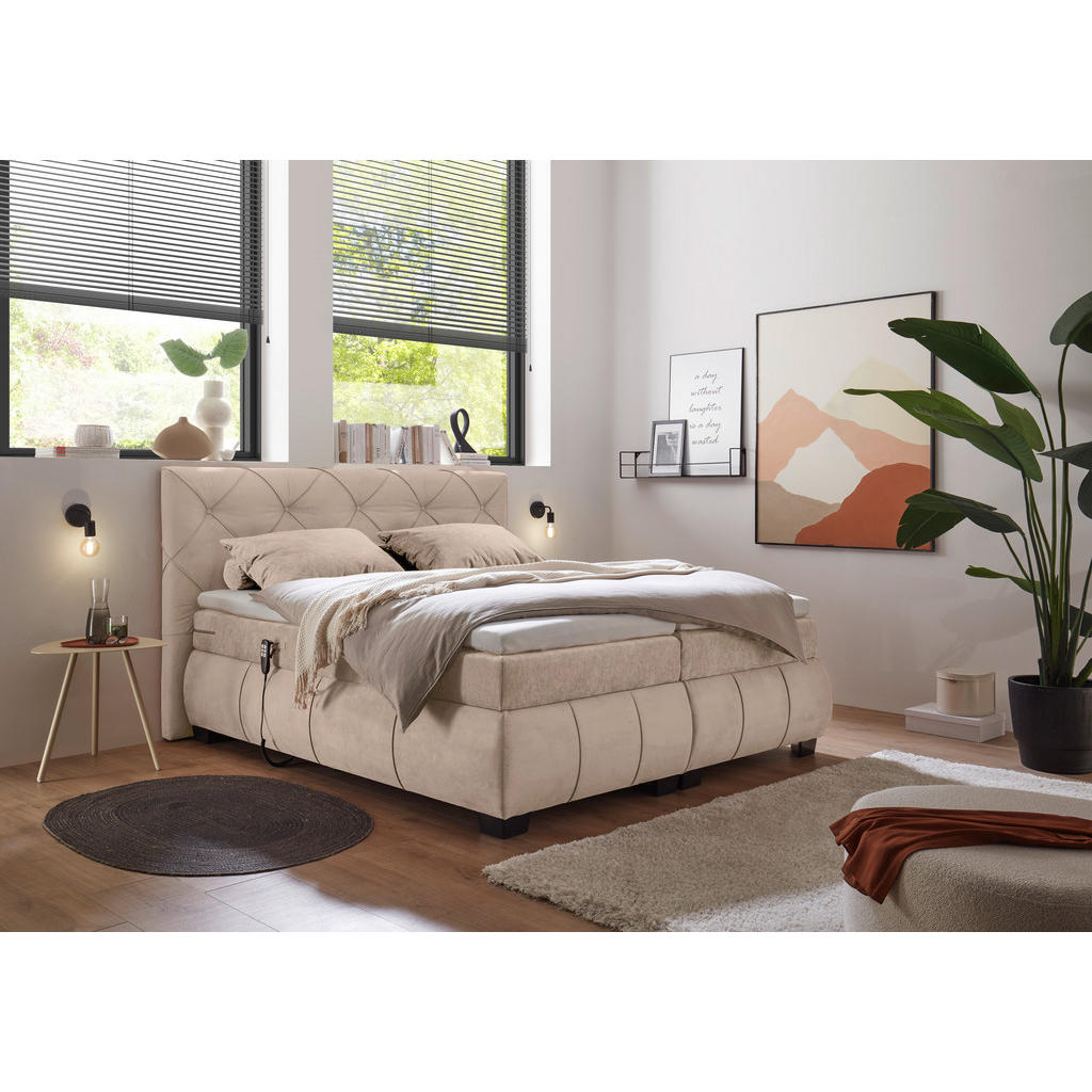 BOXSPRINGBED 180 cm x 200 cm, textiel, houtmateriaal bruin