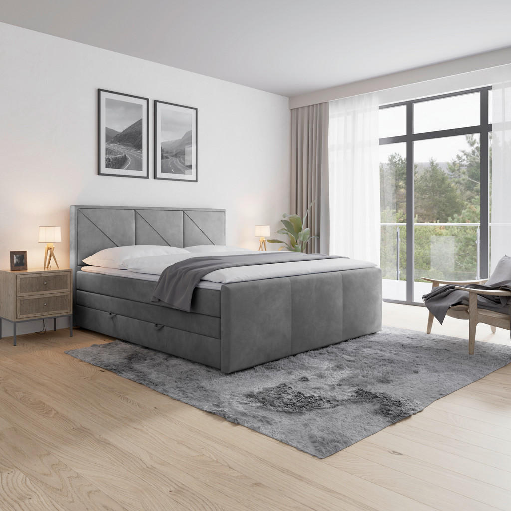 BOXSPRING POSTELJA 180 cm x 200 cm, leseni materiaal svetlo siva