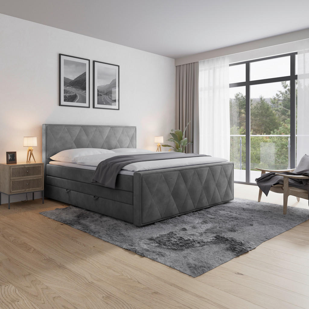 BOXSPRINGBED 180 cm x 200 cm, metaal, kunststof, textiel, karton, houtmateriaal lichtgrijs