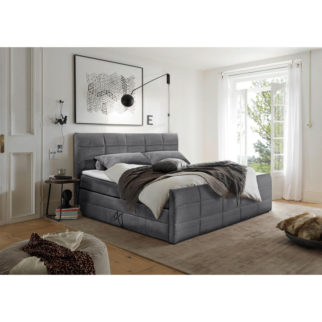 BOXSPRINGBED 180 cm x 200 cm, textiel, materiaal hout donkergrijs