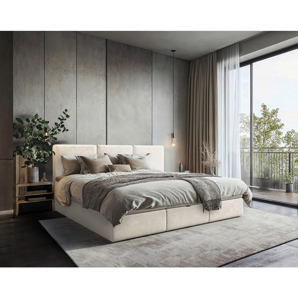 FAMILIEBED 210 cm x 200 cm, hout, textiel, crèmekleurig houtmateriaal