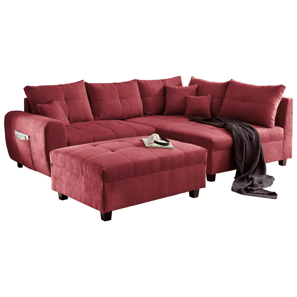 ECKSOFA incl. Hocker, microvelours in de kleur van bosvruchten
