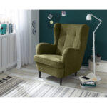 STOEL MET HOOFDSTEUN, olijfgroen textiel, houtmateriaal thumbnail 2
