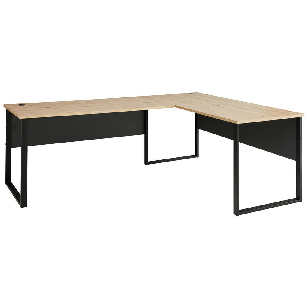 HOEKBUREAU metaal, houtmateriaal grafietkleur, ambachtelijk eikenhout