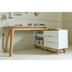 HOEKBUREAU, houten materiaal, wit, eikenkleur thumbnail 3