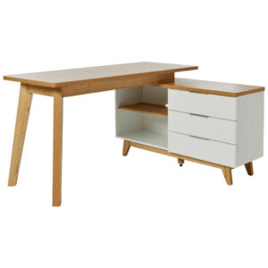 HOEKBUREAU, houten materiaal, wit, eikenkleur