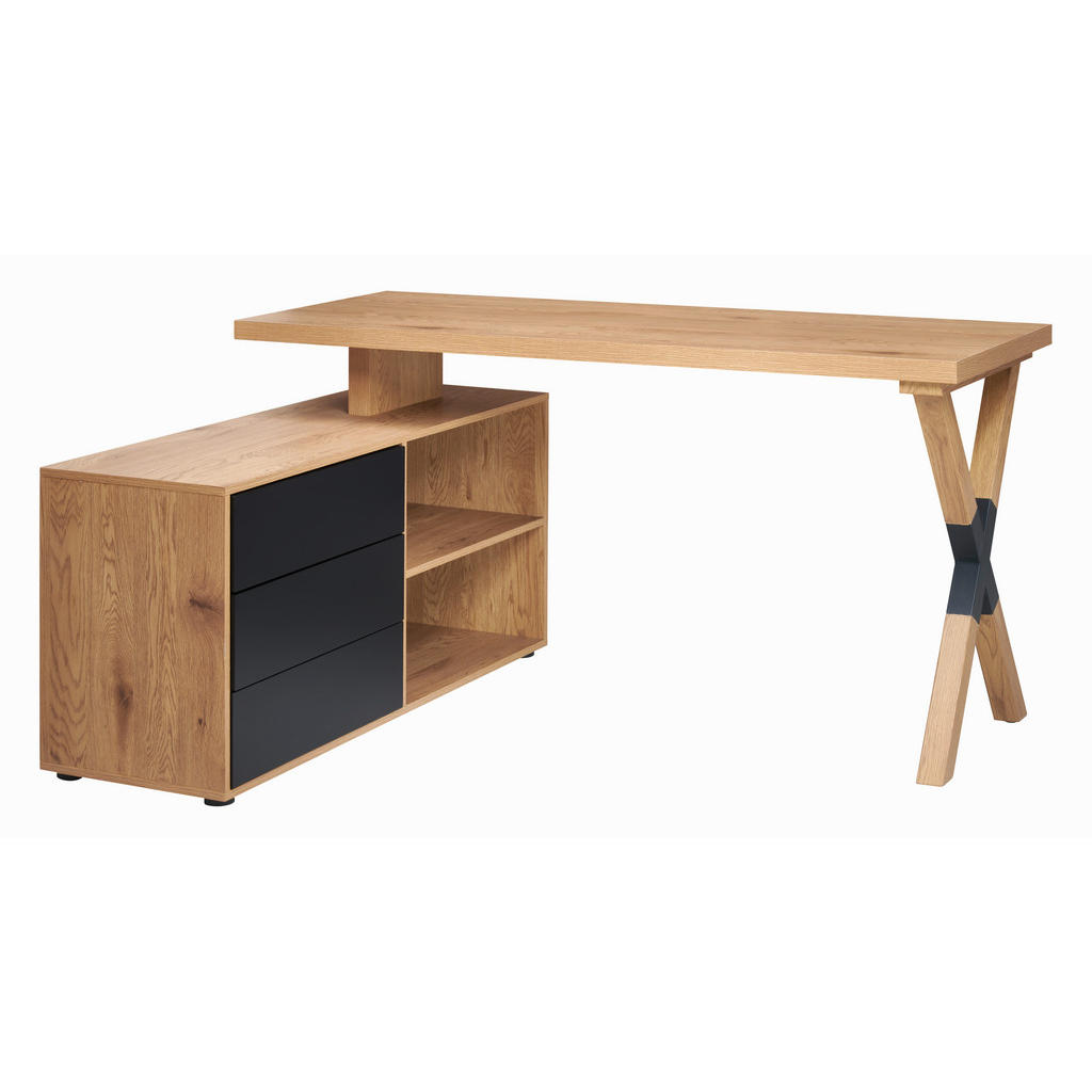 HOEKBureau metaal, houtmateriaal zwart, eikenkleur