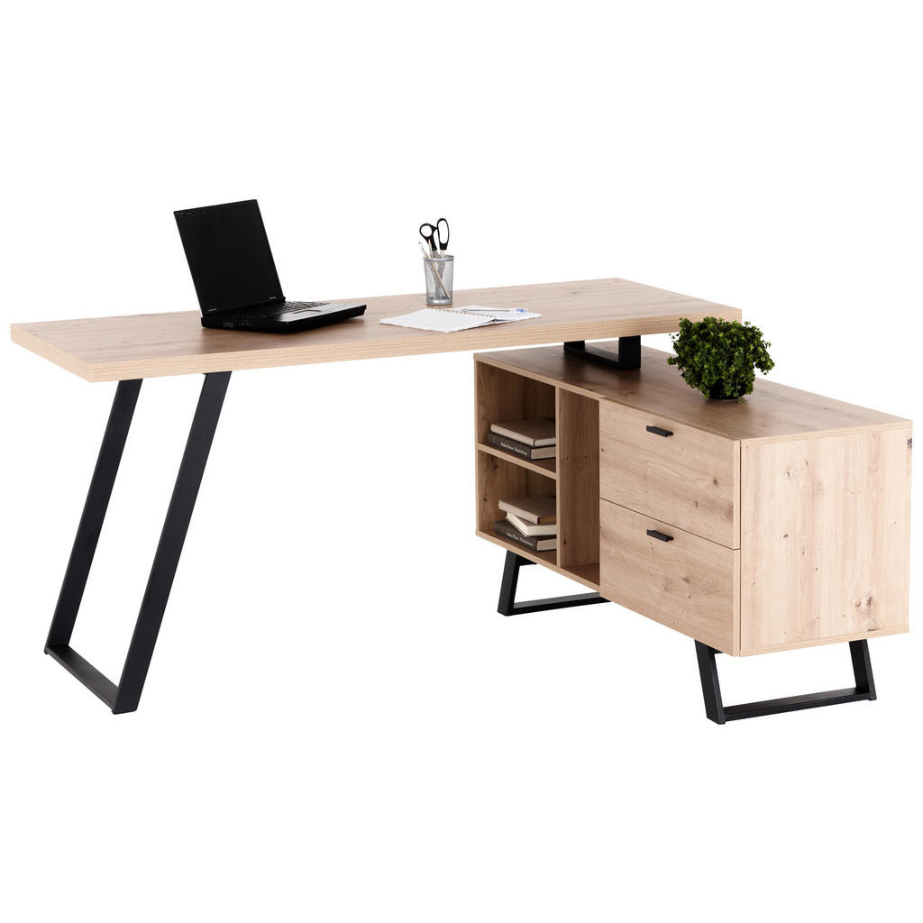 HOEKBureau metaal, houtmateriaal zwart, eikenkleur