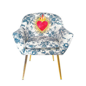 STOELEN, textiel blauw, rood, wit, goudkleuren
