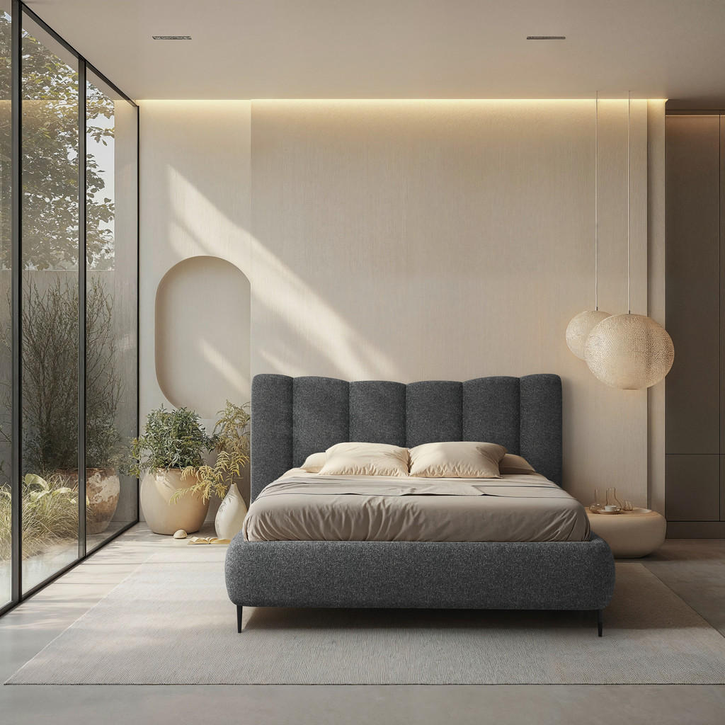 GESTOFFEERD BED 180 cm x 200 cm, hout, textiel, houtmateriaal antraciet