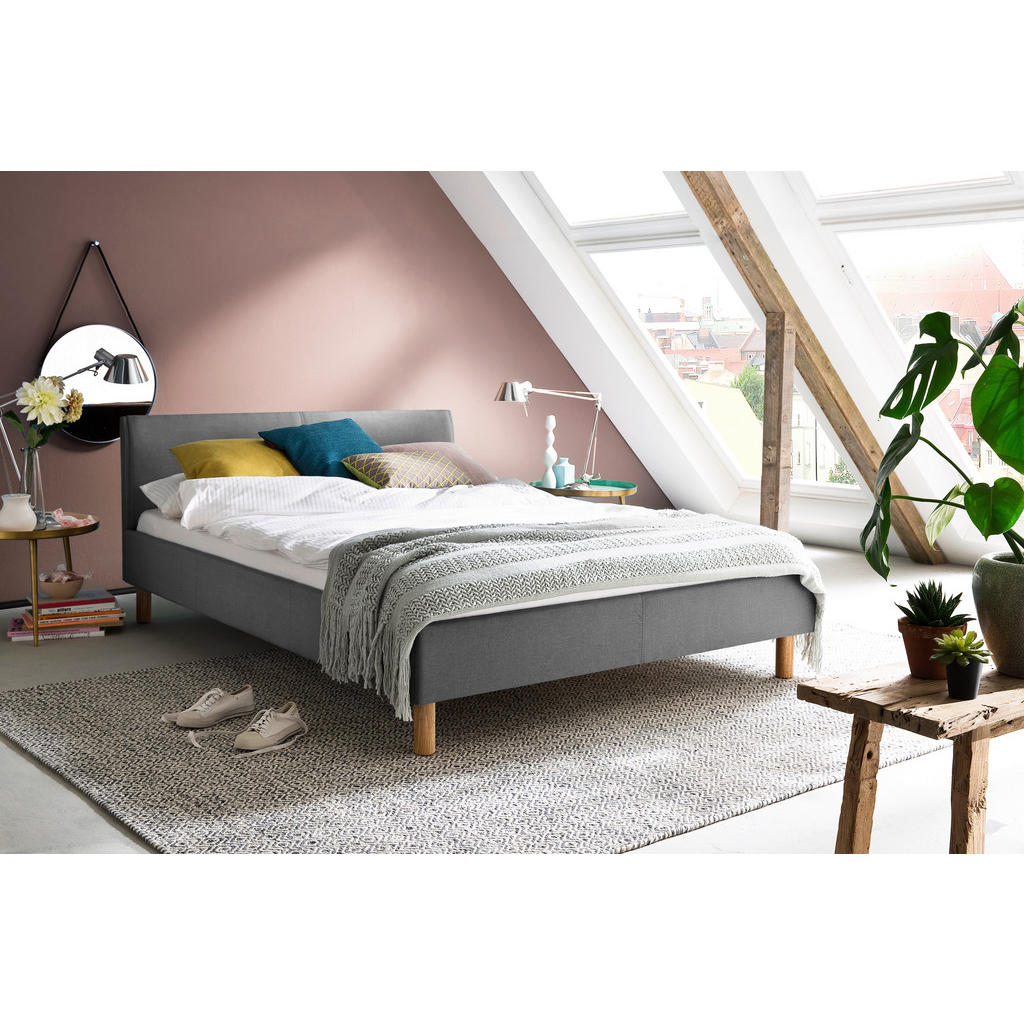 GESTOFFEERD BED 140 cm x 200 cm, lichtgrijs textiel