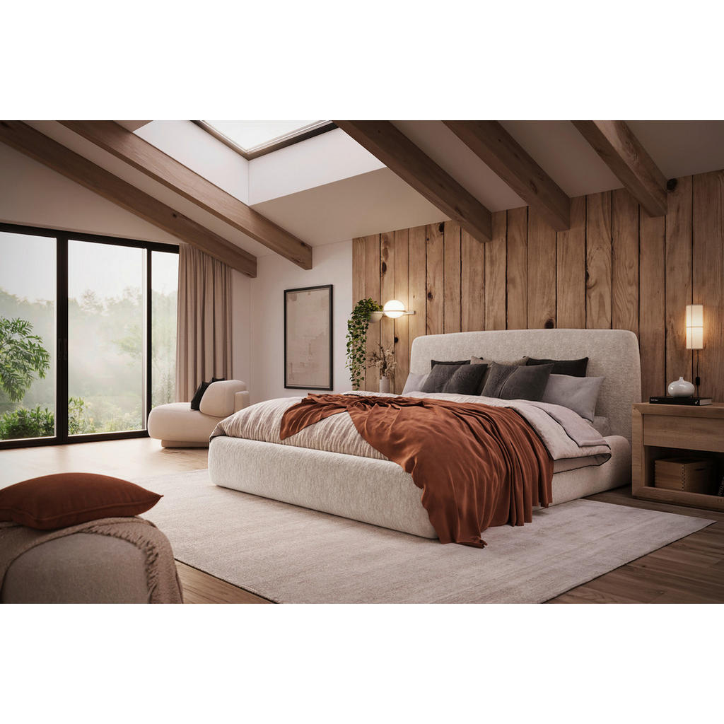 GESTOFFEERD BED 160 cm x 200 cm, hout, textiel, houten materiaal wit
