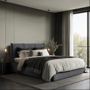 GESTOFFEERD BED 160 cm x 200 cm, hout, textiel, houtmateriaal grafietkleur