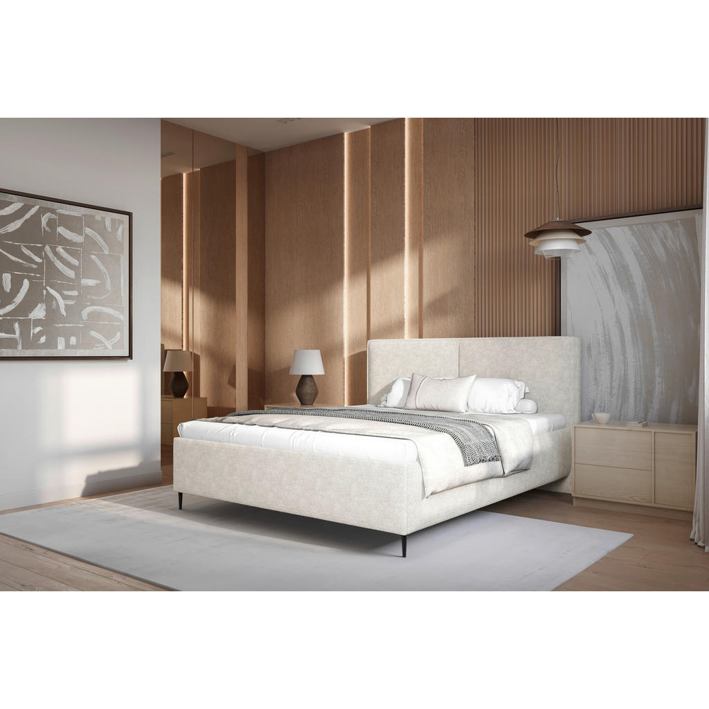 GESTOFFEERD BED 180 cm x 200 cm, hout, textiel, houten materiaal wit