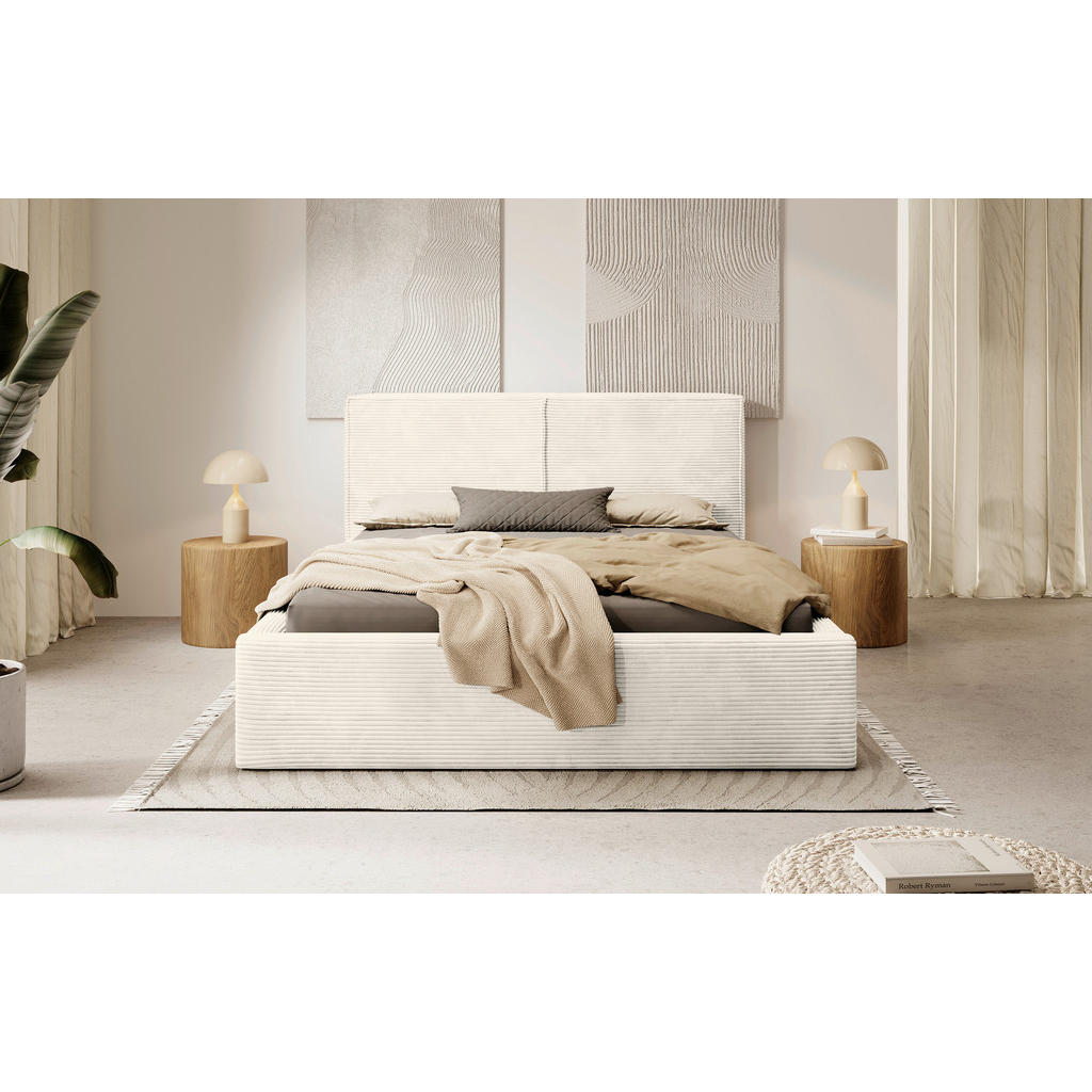 GESTOFFEERD BED 180 cm x 200 cm, hout, textiel, crèmekleurig houtmateriaal