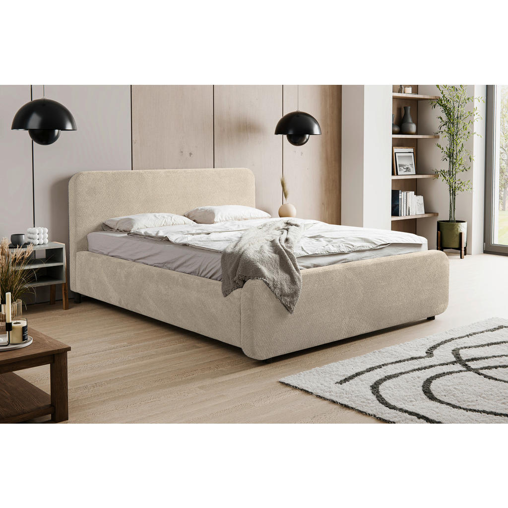 GESTOFFEERD BED 160 cm x 200 cm, hout, kunststof, textiel, houtmateriaal natuurlijke kleur
