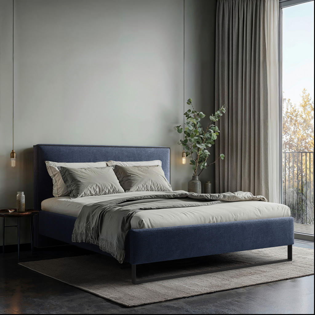 GESTOFFEERD BED 180 cm x 200 cm, hout, textiel, houtmateriaal donkerblauw