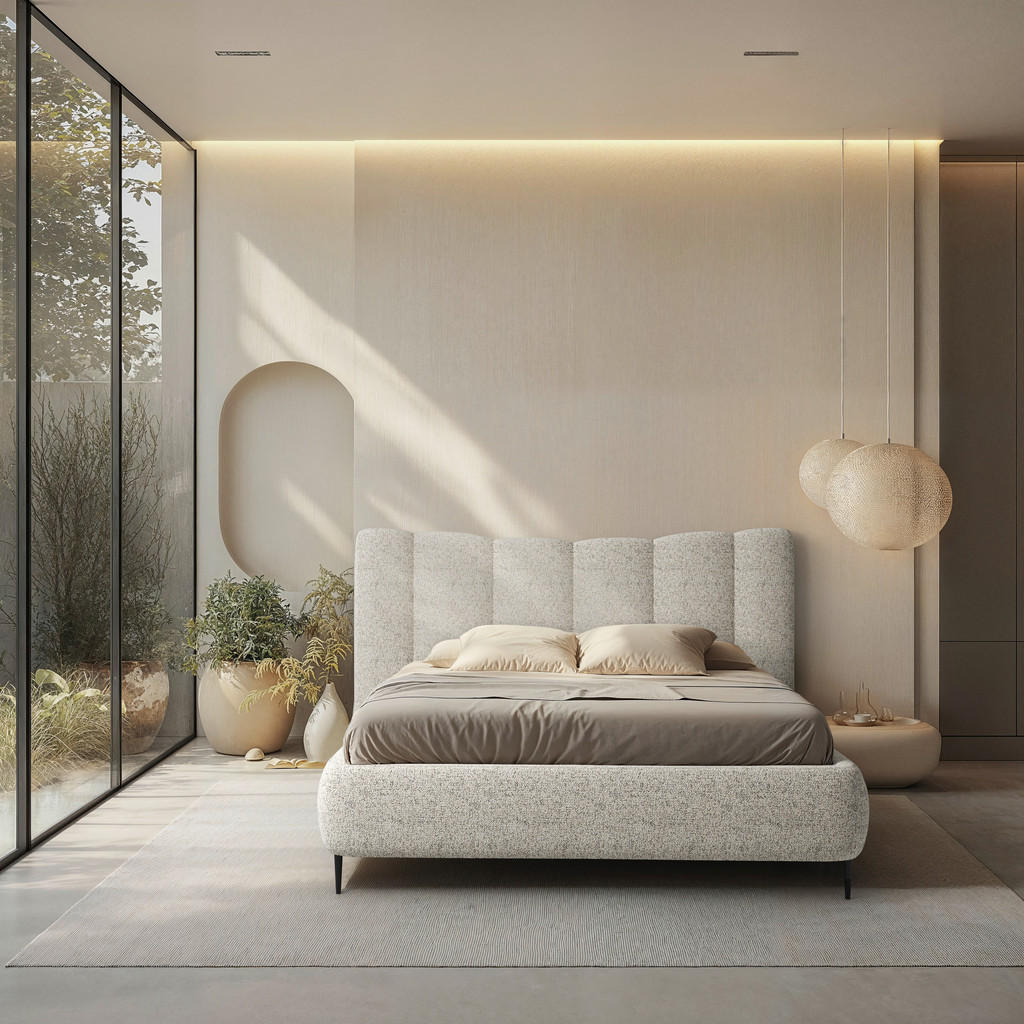 GESTOFFEERD BED 160 cm x 200 cm, hout, textiel, houtmateriaal natuurlijke kleur