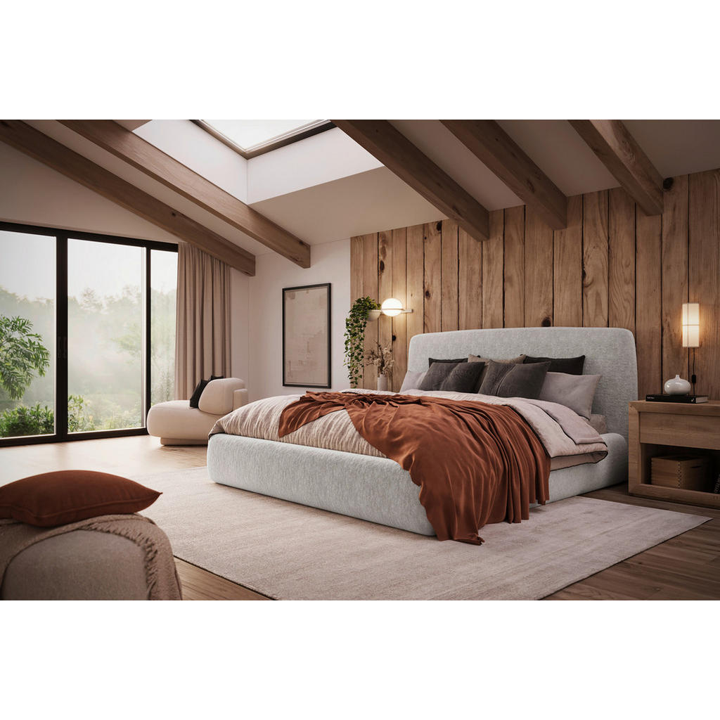 GESTOFFEERD BED 160 cm x 200 cm, hout, textiel, houtmateriaal grijs