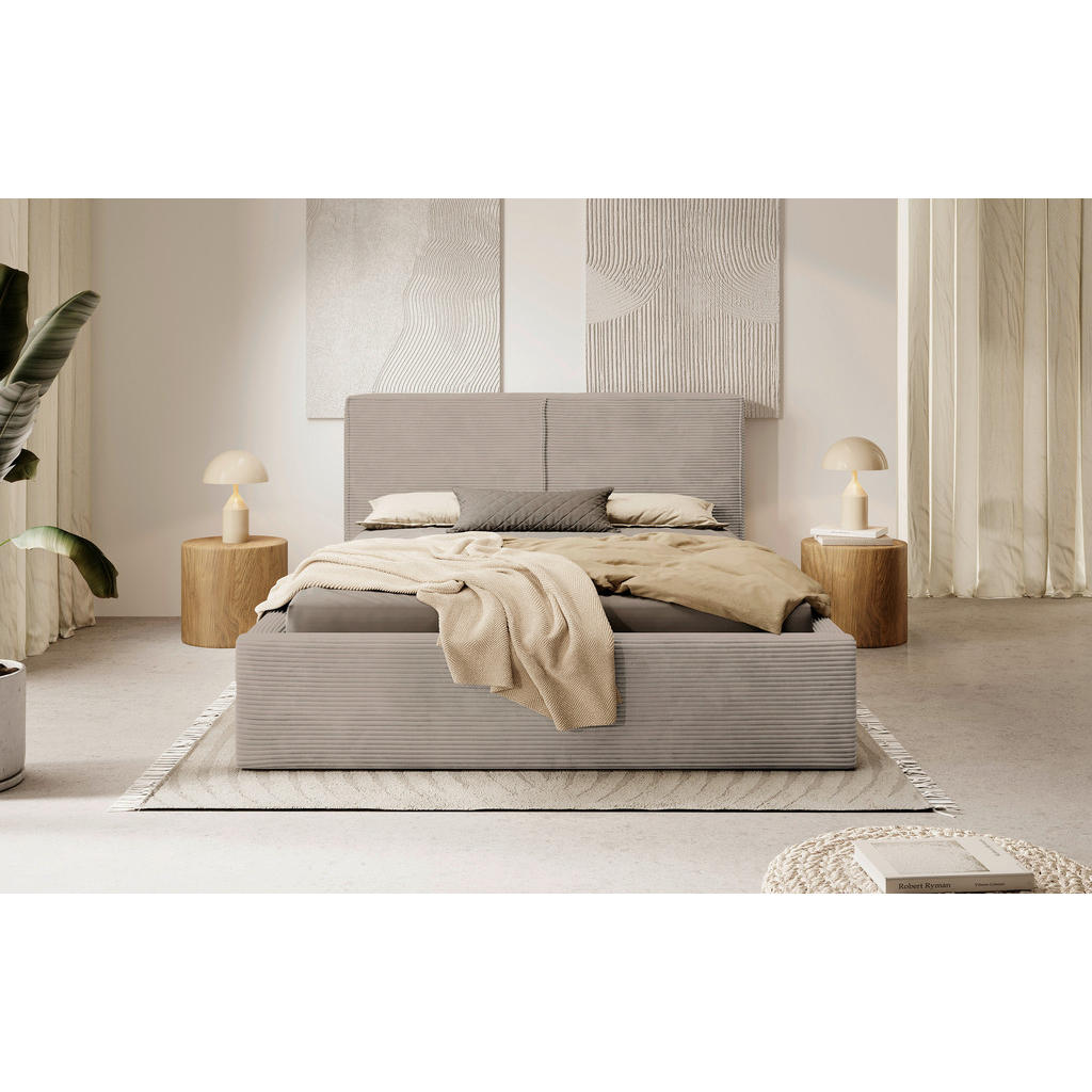 GESTOFFEERD BED 140 cm x 200 cm, hout, textiel, houtmateriaal lichtbruin