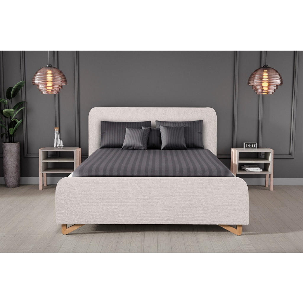 GESTOFFEERD BED 180 cm x 200 cm, hout, kunststof, textiel, houtmateriaal parel