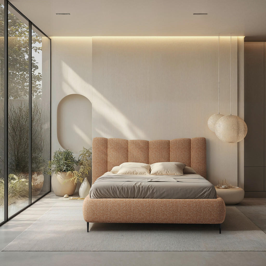 GESTOFFEERD BED 160 cm x 200 cm, hout, textiel, houten materiaal, terracotta