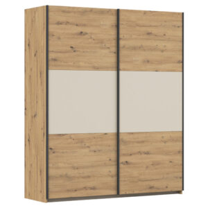 KAST MET SCHUIFDEUREN, aluminiumkleuren, champagnekleuren, ambachtelijk eikenhout