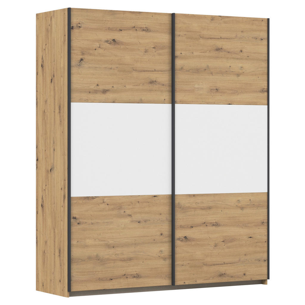 KAST MET SCHUIFDEUREN, wit, aluminiumkleur, ambachtelijk eiken