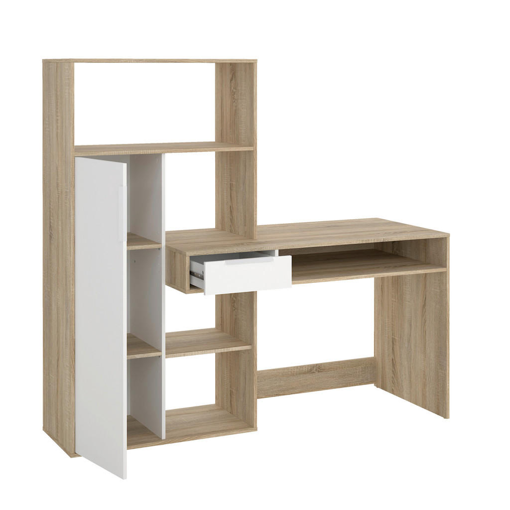 BUREAU, houten materiaal, wit, eikenkleur