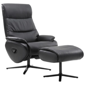 STOEL MET VOET, zwart metaal, textiel, leer
