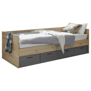 BED 90 cm x 200 cm, grafietkleurig houtmateriaal, ambachtelijk eikenhout